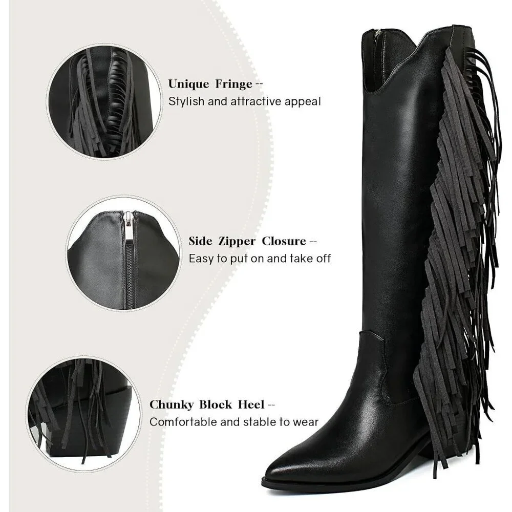 Women Black Synthetic Fringe Tassels Pointed Toe Knee High Western Cowgirl Boots
